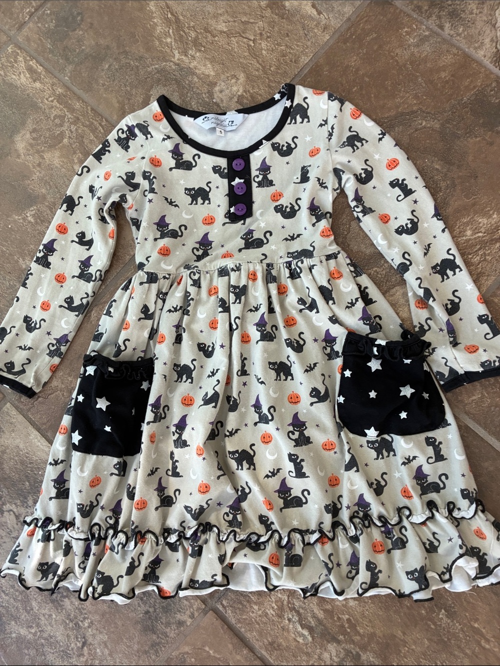 Girls Halloween Cat & Pumpkin Dress Dress - Cream with Black & Orange